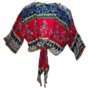 Patrons Of Peace Women's Crop Tie-Front Blouse Short Sleeve Sz M Red Blue Floral
